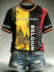 Weibliches, belgisches Nationaltag-Print, modisches Vintage-Loseshirt mit kurzen Ärmeln