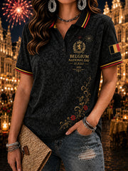 Damen-Poloshirt mit kurzen Ärmeln und Aufdruck zur Feier des Nationalfeiertags