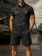 Kurzarm-Polo-Shirt-Set für Herren mit Vintage-Print im Militärs til