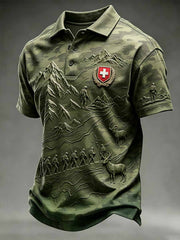 Herren-Poloshirt im Vintage-Stil mit Schweizer Militär-Print