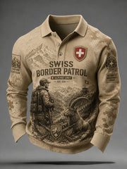 Herren-Vintage-Camouflage-Poloshirt im Militärstil mit Raglanärmeln und Langarm