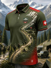 Herren-Poloshirt im Vintage-Stil mit Schweizer Militär-Print