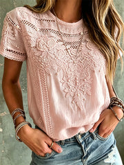 Damen-Vintage-T-Shirt aus Leinen mit rosa Blumen‑ und Spitzen‑Kunstdruck, kurzärmelig