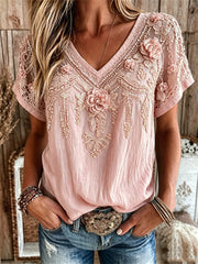 Damen-Vintage-T-Shirt aus Leinen mit rosa Blumen‑ und Spitzen‑Kunstdruck, kurzärmelig