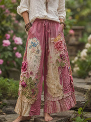 Damenhose im Bohemian-Stil mit floraler Stickerei, Kontrastfarben und Leinenmischung – lässig und stilvoll