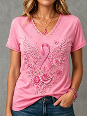 Damen-T-Shirt in Pink mit Blumenmuster zur Unterstützung der Brustkrebsaufklärung und V-Ausschnitt