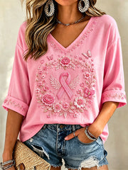 Damen-T-Shirt in Pink mit Blumenmuster, Unterstützung zur Brustkrebsaufklärung, halbe Ärmel und V-Ausschnitt