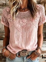 Damen-Vintage-T-Shirt aus Leinen mit rosa Blumen‑ und Spitzen‑Kunstdruck, kurzärmelig