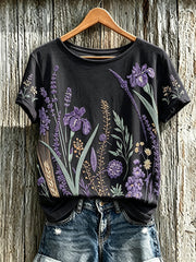 Bedrucktes lässiges T-Shirt mit lila Pflanzen blumen muster für Frauen