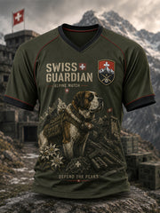 Herren-Top im Vintage-Stil mit Militärprint, V-Ausschnitt und Raglanärmeln, kurze Ärmel