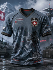 Herren-Top im Vintage-Stil mit Militärprint, V-Ausschnitt und Raglanärmeln, kurze Ärmel
