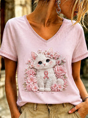 Damen-T-Shirt mit V-Ausschnitt und pinkfarbenem Kunstdruck zum Thema Brustkrebs
