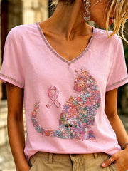 Damen-T-Shirt mit V-Ausschnitt und pinkfarbenem Kunstdruck zum Thema Brustkrebs