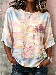 Damen-T-Shirt aus Leinen mit klassischem Aquarell‑Kunstdruck zum Thema Rosa Schleife und Mitgefühl, mit Mittelarmärmeln