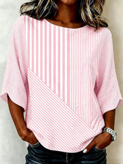 Damen Edles rosa gestreiftes Patchwork-Kunstdruck-Leinen-T-Shirt mit mittleren Ärmeln