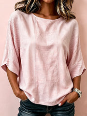 Damen Nobles rosa gestreiftes Kunstdruck-T-Shirt aus Leinen mit mittleren Ärmeln