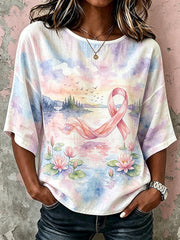 Damen Nobles rosa Band Bewusstsein Aquarell Kunstdruck Leinen T-Shirt mit mittleren Ärmeln