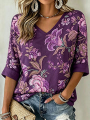 Damen-T-Shirt mit violettem Blumenmuster, mittellange Ärmel und V-Ausschnitt