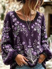 Damenhemd aus Baumwolle-Leinen mit violettem Blumenmuster