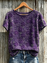 Damen-T-Shirt mit violettem Blumenmuster und kurzen Ärmeln