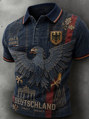 Herren-Denim-Poloshirt im Vintage-Stil mit Adler-Print