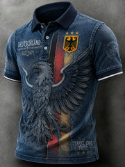Herren-Denim-Poloshirt im Vintage-Stil mit Adler-Print