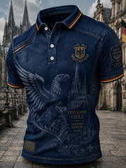 Herren-Poloshirt mit kurzen Ärmeln und Adler-Print im Denim-Stil
