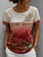 Frauen-T-Shirt im österreichischen Landhausstil mit Kunstdruck, lässig geschnitten