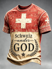 Herren-Lässiges T-Shirt im Vintage-Stil mit Schweizer Nationalflagge und Print zum Nationalfeiertag