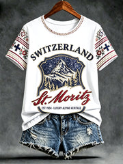 Damenweißes Freizeit-T-Shirt mit Schweizer Nationaltag-Print