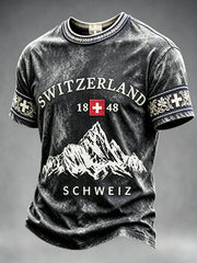 Herren-Vintage-Casual-T-Shirt mit schwarzem Schweizer Nationalflaggen-Print zum Nationalfeiertag