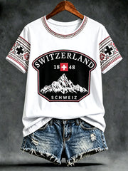 Damenweißes Freizeit-T-Shirt mit Schweizer Nationaltag‑Patchwork‑Print