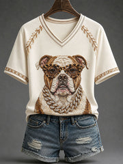 Frauen Glam Bulldog Print Casual T-Shirt