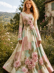 Retro-Blumenkunstdruck lässiges Baumwoll-Leinen-Komfortkleid