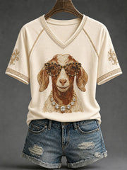 Frauen Western Glam Ziege Print lässig T-Shirt