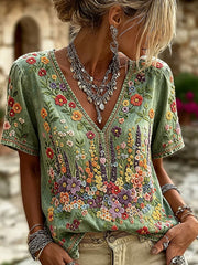 Retro-Blumenkunstdruck lässiges Baumwoll-Leinen-Bequem-Top