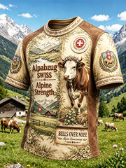 Herren Retro Schweizer Alpen Cowherd Patchwork Print Freizeit T-Shirt