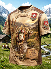 Herren Schweizer Alpen Vieh Herding Retro Patchwork Print Casual T-Shirt