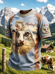 Herren Blau Schweizer Alpen Rinder Herding Patchwork Print Casual T-Shirt