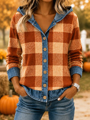 Damen-Herbstmode Kariertes Jeans-Oberteil mit Nahtverarbeitung Freizeit-Kapuzenpullover
