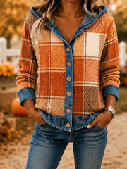 Damen-Herbstmode Kariertes Jeans-Oberteil mit Nahtverarbeitung Freizeit-Kapuzenpullover