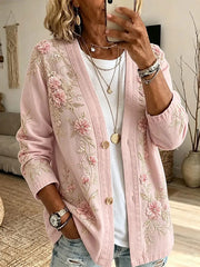 Damen-Strickjacke mit Blumenmuster zum Thema Brustkrebsprävention, lässiger Stil