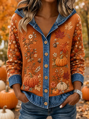 Damen-Herbstpullover mit Kürbis-Print, Denim-Einsätzen und lässiger Kapuze