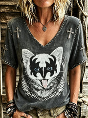 Damen Rock Band Cat Rock Style Print Kurzarm T-Shirt