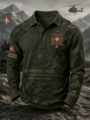 Herren Vintage Camouflage Militär-Print Raglan Langarm Polo-Shirt