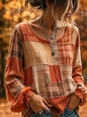 Damen-Herbst-Shirt mit Patchwork-Design