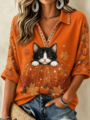 Damen-Herbst-T-Shirt mit Tiermuster, mittellange Ärmel und V-Ausschnitt