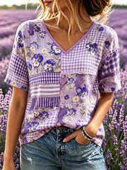 Frauen-Alzheimer-Bewusstseins-Unterstützung Patchwork-Kunstdruck Leinen-T-Shirt mit kurzen Ärmeln