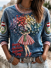 Frauen Österreichi scher National feiertag Blumen-Denim-Effekt-Print lässig lang ärmel iges T-Shirt