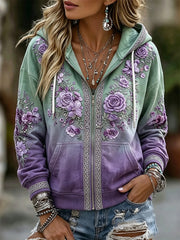 Damen Vintage Boho Blumen druck Steigung Reiß verschluss Gemütlicher Hoodie